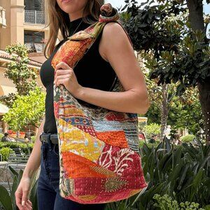 Kantha Patchwork Hobo Bag - Handmade Cotton Shoulder Bag from Nepal